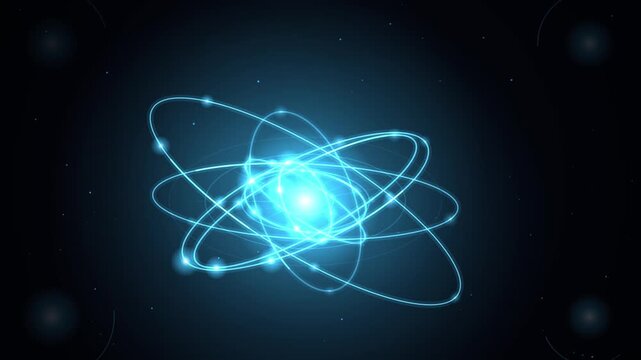 Glowing blue atom model with orbiting electrons on a dark background featuring a looping tech overlay