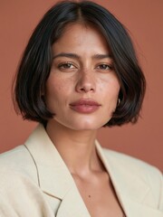 Fototapeta premium Close-up portrait of a young woman's face. she has shoulder-length dark hair that is styled in a bob cut with bangs. her makeup is natural-looking with a hint of pink lipstick.