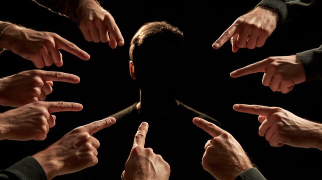 Multiple hands pointing at central figure against black background