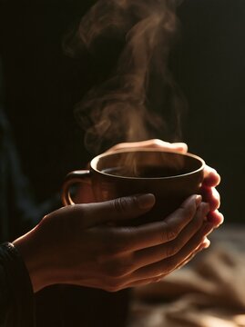 Hands holding steaming mug of hot beverage in warm sunlight