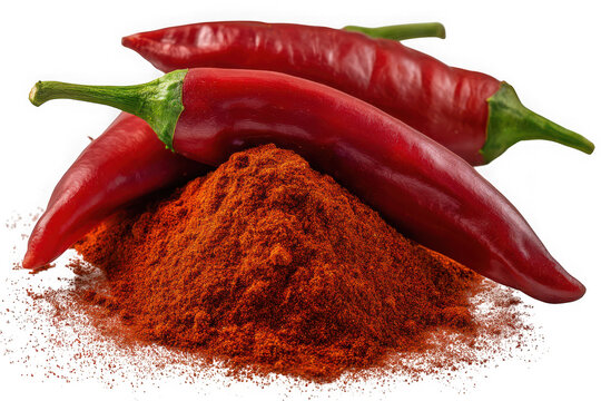 Red chili peppers and powder on white