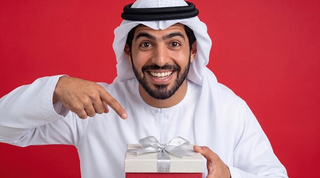 Excited Middle Eastern man presenting wrapped gift box against red background