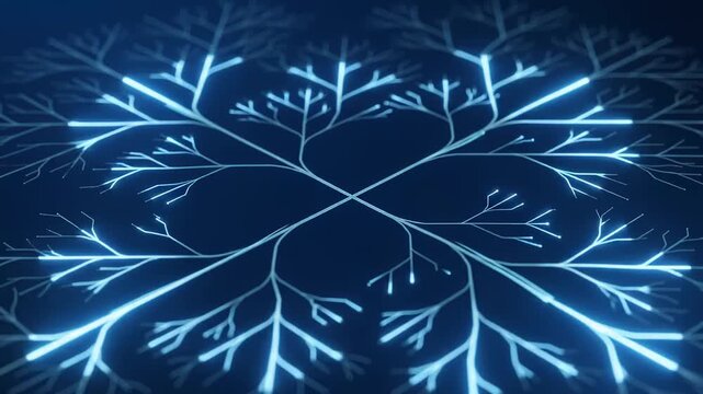 A futuristic 3D neural network graphic featuring glowing light beams and intricate branching paths perfect for tech marketing presentations and scientific visualizations.