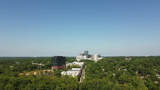 Aerial establishing shot of the North Hills mixed-use development in Raleigh, North Carolina, with a variety of apartments, retail and restaurants