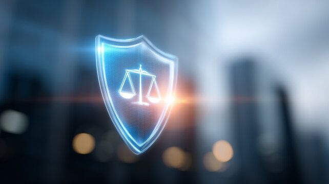Digital shield with scales of justice represents legal protection and the concept of cybersecurity compliance data governance and technology regulation.
