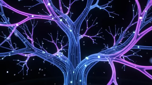 Stunning 3D glowing neural tree animation with cosmic background ideal for scientific presentations, medical marketing, and futuristic technology visuals.