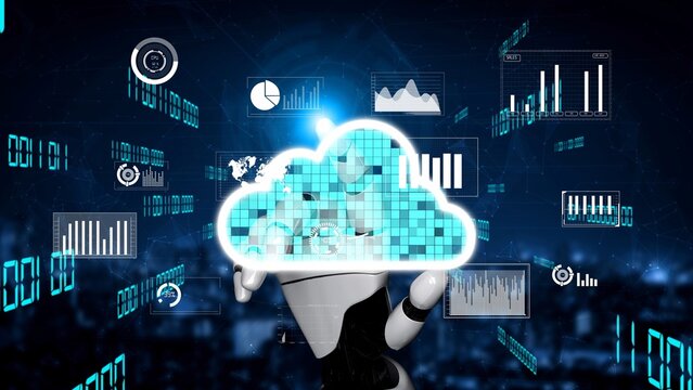 A digital representation of a robot character interacting with a cloud filled with analytics symbols in a modern virtual environment, showcasing futuristic data processing. Xenic