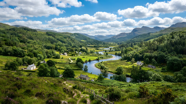 Scenic Scottish Highlands valley with a winding river and rustic cottages