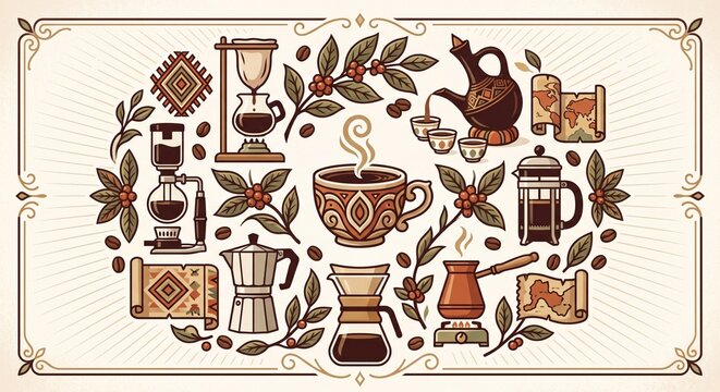 Vintage Coffee Culture Illustration Featuring Global Brewing Methods, Moka Pot, French Press, Chemex, Turkish Cezve, and Roasted Beans in a Decorative Retro Frame for Cafe Branding and Menu
