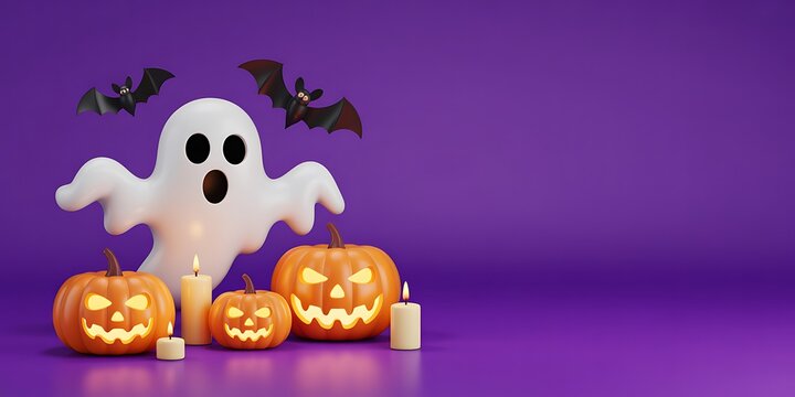 Cute ghost with glowing jack o lantern pumpkins and bats on a purple background for halloween celebration