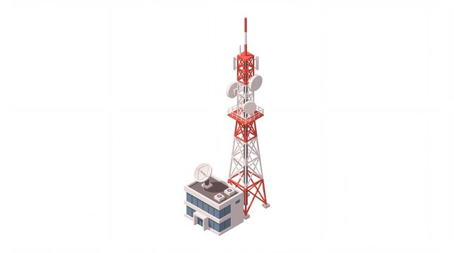 Isometric Telecommunication Station Building with High Radio Signal Transmission Tower and Satellite Dish for Global Connectivity