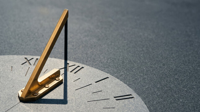 Close up of antique brass sundial gnomon casting sharp shadow on Roman numerals, textured grey stone surface, concept of time, history and ancient measurement with copy space