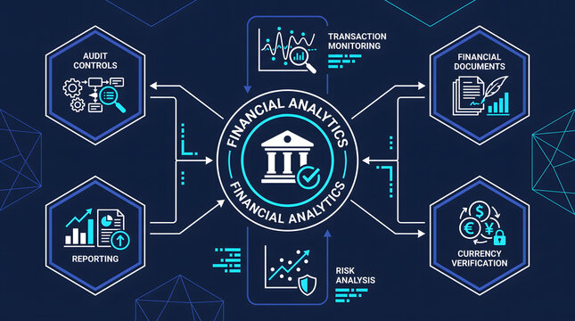 Financial analytics infographic with central bank icon, hexagonal nodes, and connected line diagrams on a dark blue background