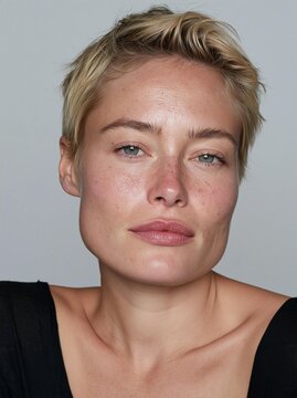 Close-up portrait of a young woman's face. she has short blonde hair that is styled in a short pixie cut with bangs. her eyes are blue and her eyebrows are slightly furrowed.