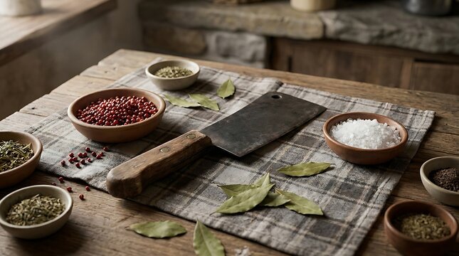 Rustic meat cleaver with spices and sea salt on a wooden kitchen table