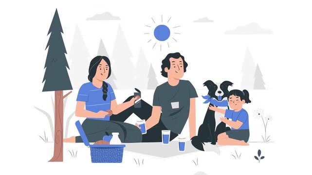 Happy family enjoying a relaxing afternoon picnic in a sunny park with their pet dog in this animated motion loop video footage graphic design illustration
