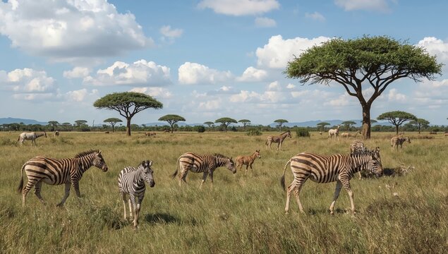 Zebras and a Lion Seen in a Savanna Landscape With Acacia Trees