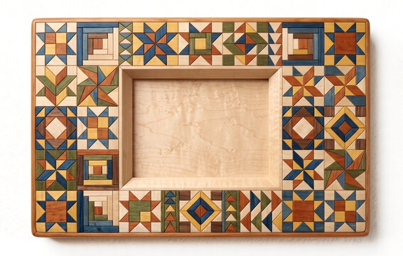 handcrafted wooden picture frame with an intricate, multi-colored geometric mosaic pattern inspired by traditional barn quilt blocks