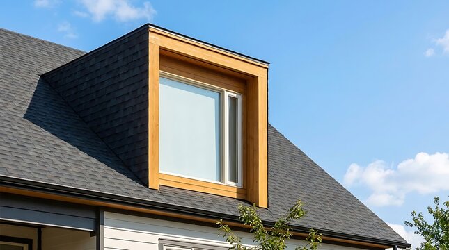 Modern residential house roof with wooden dormer window against a clear blue sky