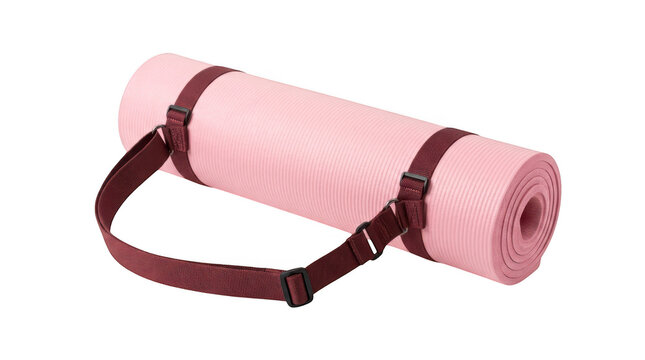 Rolled pink yoga mat with a dark red carrying strap isolated on transparent background