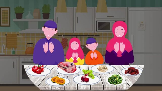 Muslim family praying before celebratory meal animation video clip featuring vibrant colors of fresh ingredients on plates and traditional kitchen setting for festive dinner food celebration