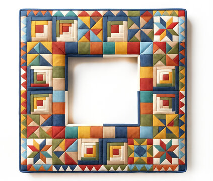 decorative square picture frame with a colorful patchwork and quilted design with traditional Log Cabin and Ohio Star blocks