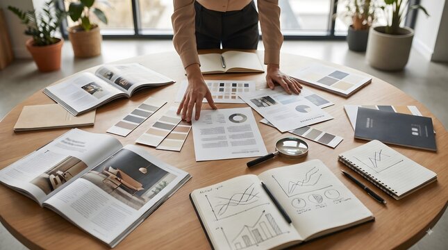 Interior designer reviewing color swatches and architectural plans on a wooden table