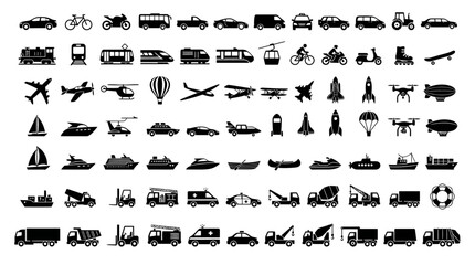 Collection of transportation silhouette icons on a white background © Fariaislam
