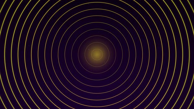 Abstract golden concentric circles radiate from a glowing center point against a dark purple background.