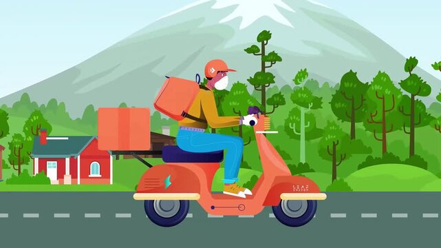 Delivery worker riding orange electric scooter through colorful suburban neighborhood in this flat vector animation clip showing fast logistics service movement with mountain background scenery view