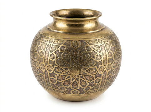 Antique brass vase JPG vector illustration featuring an ornate metallic pot with intricate geometric engraved patterns for traditional decor concepts.
