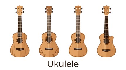 Obraz premium Collection of Four Wooden Ukuleles Isolated on White Background with Musical Instrument Label
