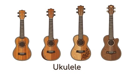 Obraz premium Collection of Four Wooden Ukuleles Isolated on White Background with Musical Instrument Label