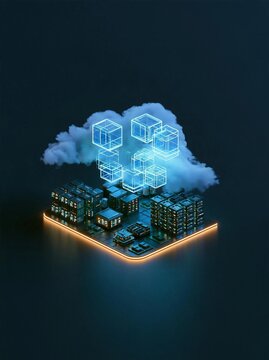 Illustration of a cloud computing concept. the cloud is white and fluffy, and it is floating on a dark blue background.