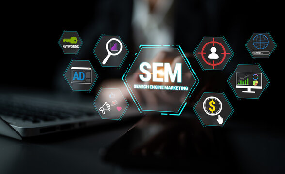 Professional Search Engine Marketing Concept with Icons on Dark Background for Digital Strategy and Online Advertising Promotion Fluxor.