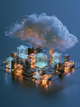 Digital illustration of a cloud computing concept. the cloud is floating above a cityscape of small buildings and skyscrapers.