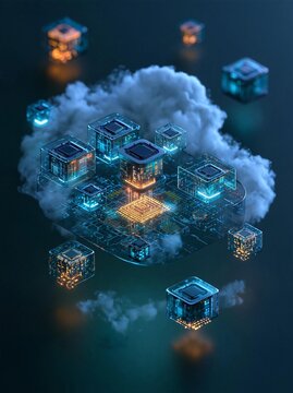 Digital illustration of a cloud computing concept. the cloud is floating in the center of the image, with multiple small cubes of different sizes and colors scattered around it.