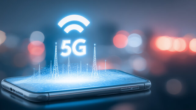 A smartphone displaying 5G towers and a wireless symbol represents high speed mobile connectivity and next generation communication technology.
