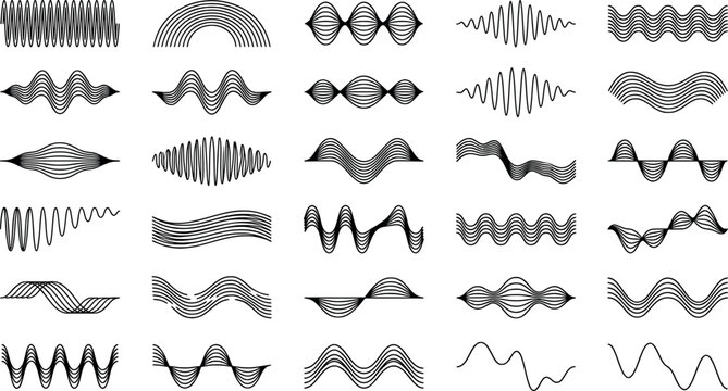 Set of various wave line patterns and frequency waveforms
