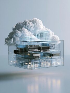 Digital illustration of a cloud computing concept. the cloud is made up of multiple layers of transparent glass, creating a grid-like structure.
