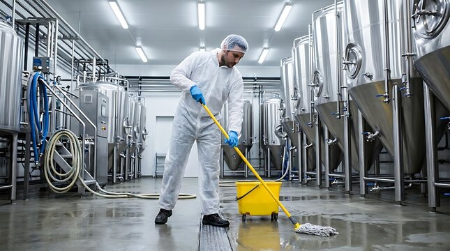 Worker in protective gear mopping floor in a modern industrial food production facility