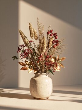 The image is of a vase with a bunch of dried flowers in it. the vase is white and has a round shape with a narrow neck and a wide base.