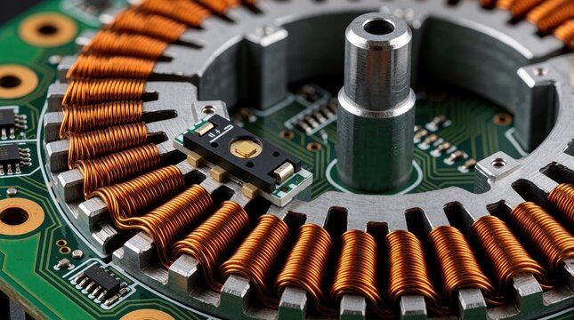 Brushless DC motor stator with copper wire windings sits on green PCB. Closeup view shows coil detail, hall sensor, and electronic components inside engine. Precision engineering for electric drive.