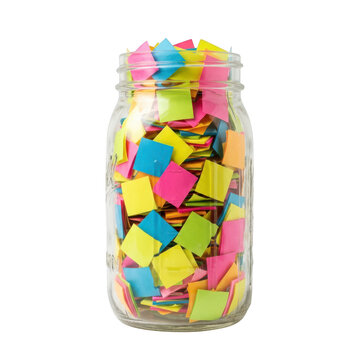 Glass jar filled with colorful blank square paper notes isolated on transparent background