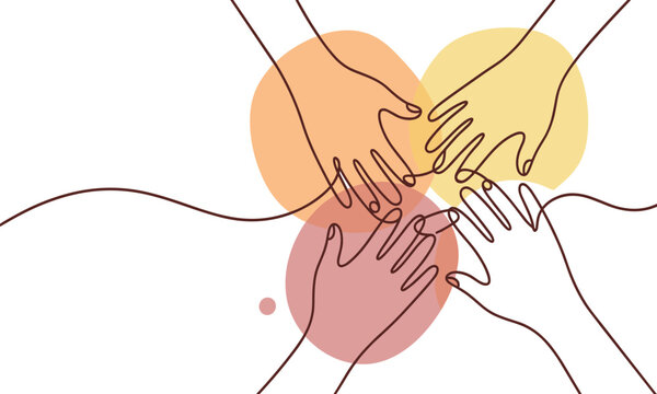 Minimalist continuous line art illustration of diverse human hands joining together in unity over warm pastel circles on white background