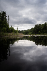 Obraz premium Finnish lake and forest on an overcast day.
