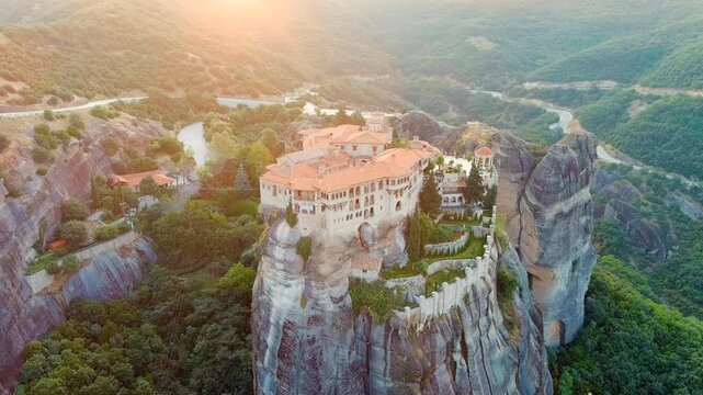 Meteora, Kalabaka, Greece. Monastery of Varlaam. Meteora - rocks, up to 600 meters high. There are 6 active Greek Orthodox monasteries listed on the UNESCO list. Drone footage, Point of interest