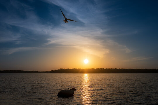 Late night sunset in Finland, the sun is setting over the sea.