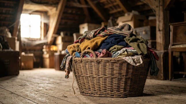 Wicker basket with colorful vintage clothes in a dusty wooden attic