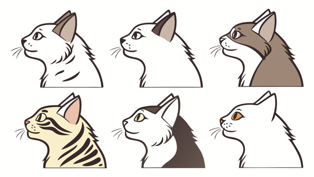 Domestic cat profile portraits vector illustration set featuring various tabby coat patterns.